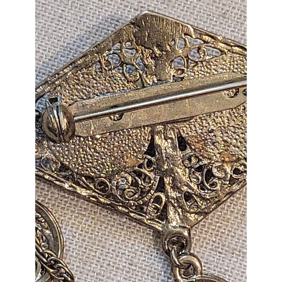 VTG Retro Ornate Filigree Jewel tone Beaded Dangles Antiqued Gold Brooch Pin - Picture 3 of 6